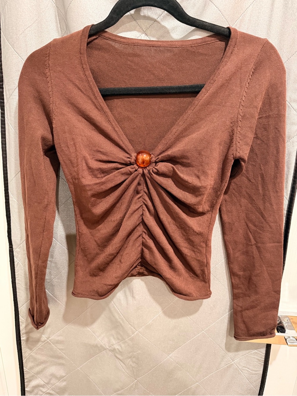 Commense Brown Ruched V-Neck Long-Sleeve Top with Center Button